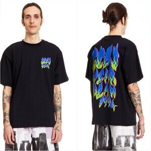 NEW GCDS Men's Black Flames Logo Blue Green Tee Size Small SS2020 Streetwear Y2K